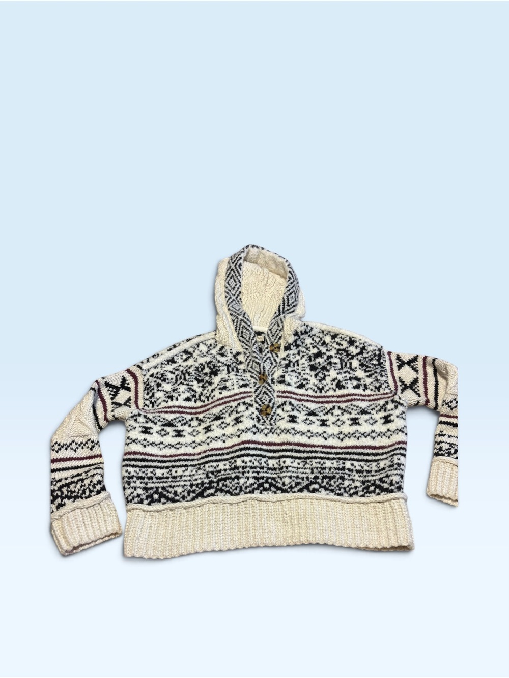 Pilcro Hooded Nordic Knit Sweater in Cream, Black & Red Accent